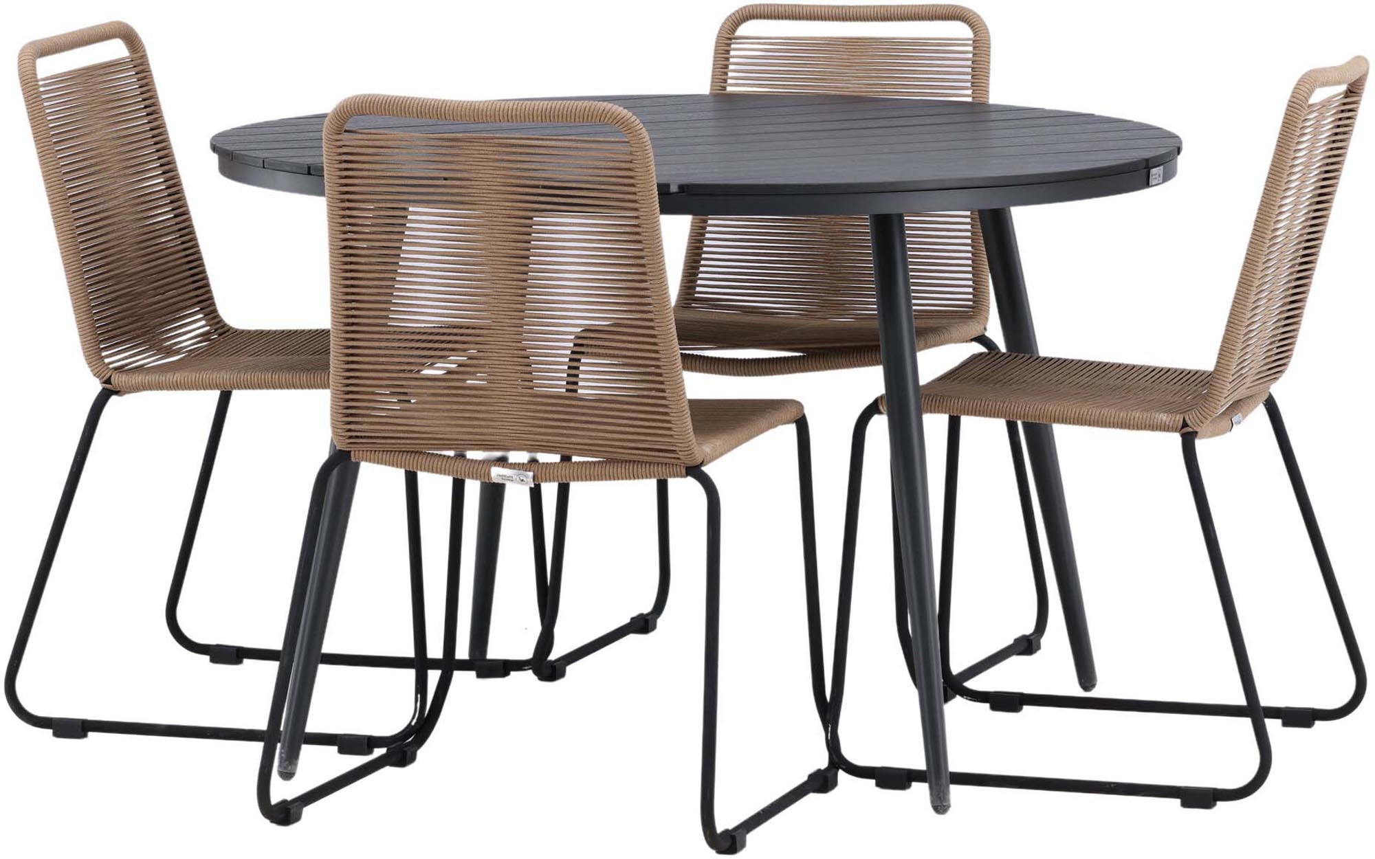 Elegantes Break Outdoor-Tischset mit runden Aintwood-Tisch und bequemen Lindos-Stühlen. Perfekt für gesellige Momente im Freien.