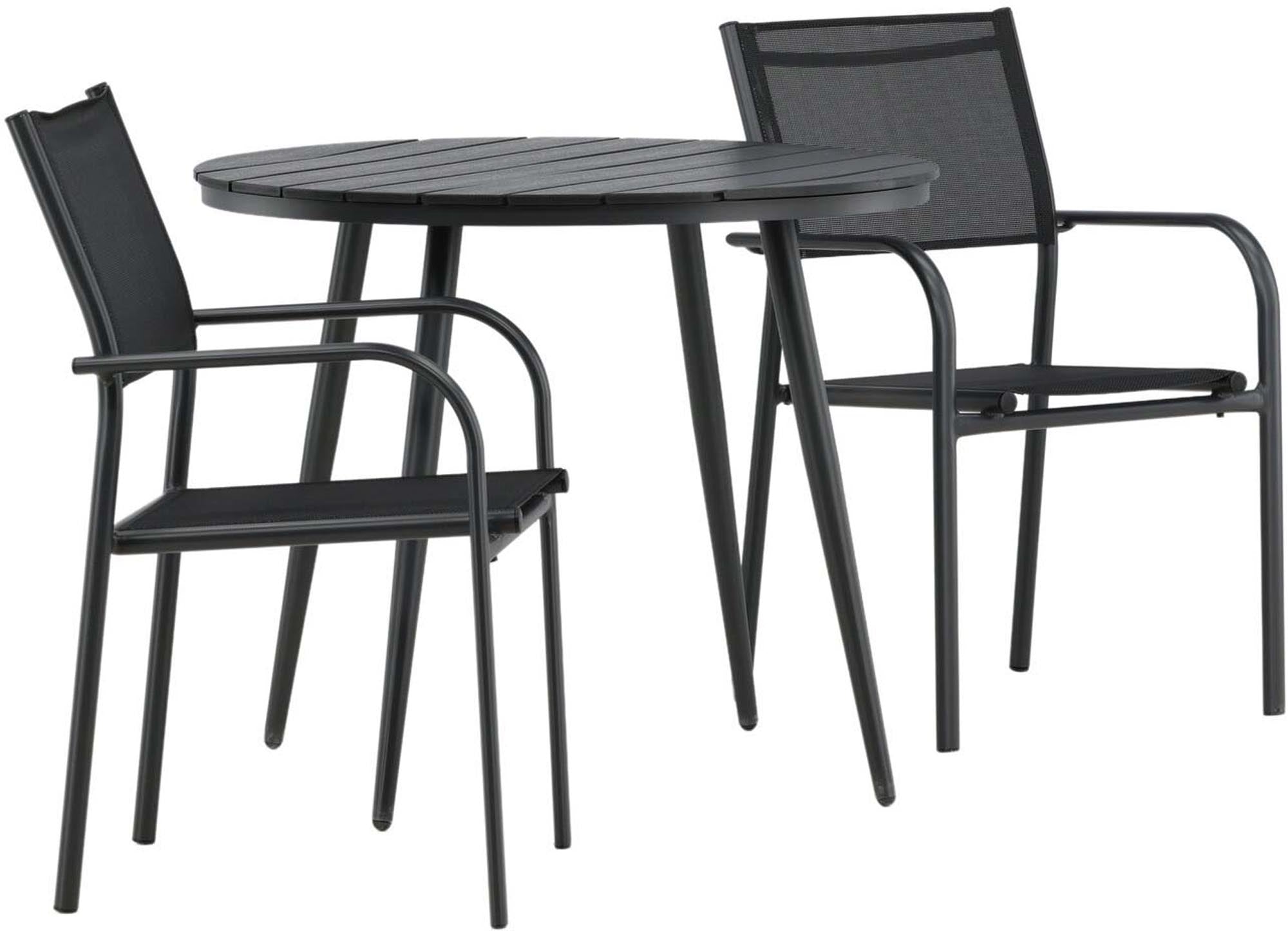 Entdecken Sie das Break Outdoor-Tischset mit 90 cm Aintwood-Tisch und 2 eleganten Santorini-Stühlen. Ideal für gesellige Momente im Freien!