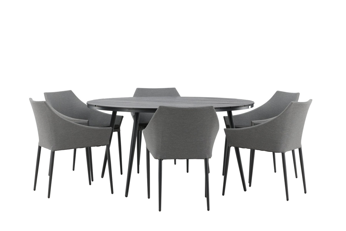 Rundes Gartentischset von Venture Home: schwarzer Esstisch aus Aintwood und Aluminium mit zwei grauen Stühlen mit Polyester-Textilene-Bezug.