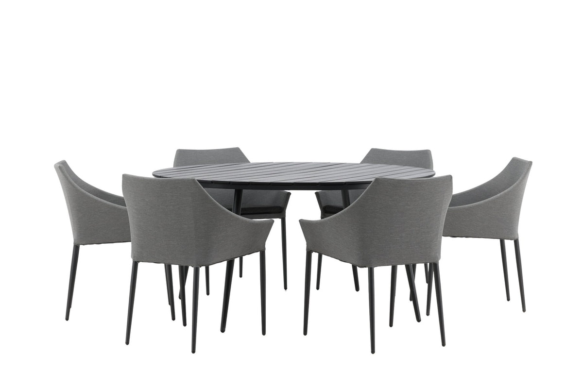 Rundes Gartentischset von Venture Home: schwarzer Esstisch aus Aintwood und Aluminium mit zwei grauen Stühlen mit Polyester-Textilene-Bezug.