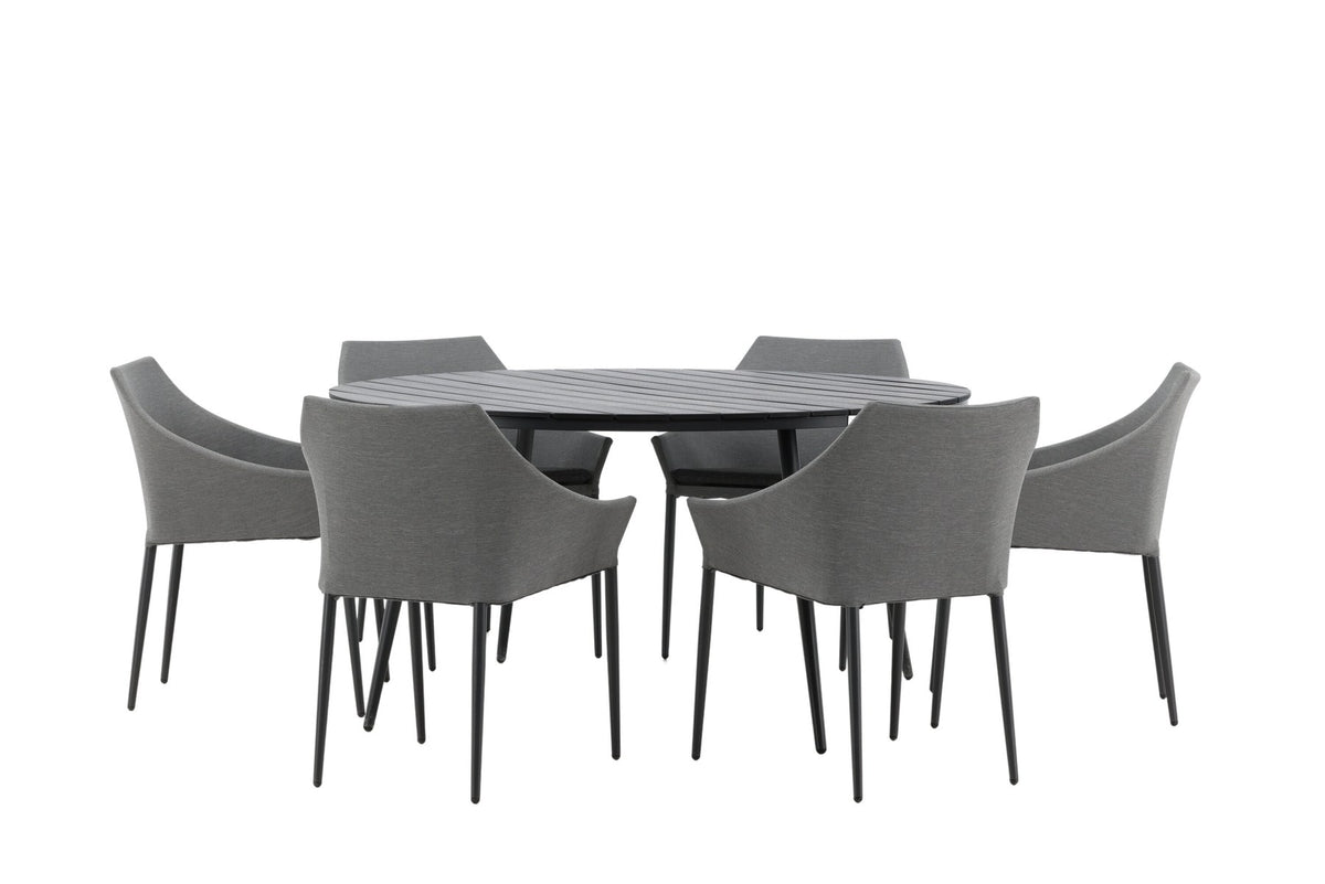 Rundes Gartentischset von Venture Home: schwarzer Esstisch aus Aintwood und Aluminium mit zwei grauen Stühlen mit Polyester-Textilene-Bezug.