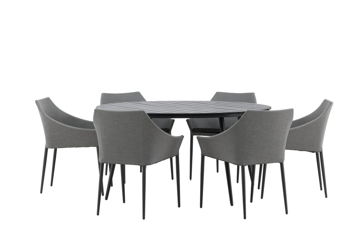 Rundes Gartentischset von Venture Home: schwarzer Esstisch aus Aintwood und Aluminium mit zwei grauen Stühlen mit Polyester-Textilene-Bezug.