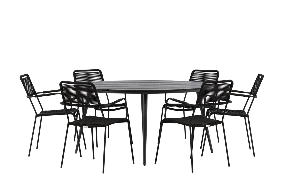 Rundes Gartentischset aus Aintwood und Aluminium in Schwarz mit zwei Stühlen mit Seilbespannung und Armlehnen, Serie Break & Lindos.