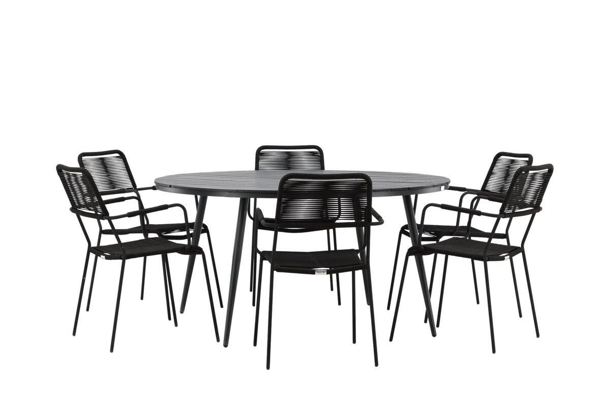 Rundes Gartentischset aus Aintwood und Aluminium in Schwarz mit zwei Stühlen mit Seilbespannung und Armlehnen, Serie Break & Lindos.