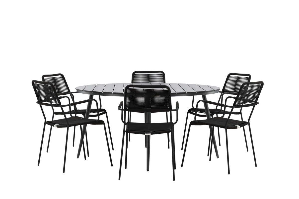 Rundes Gartentischset aus Aintwood und Aluminium in Schwarz mit zwei Stühlen mit Seilbespannung und Armlehnen, Serie Break & Lindos.