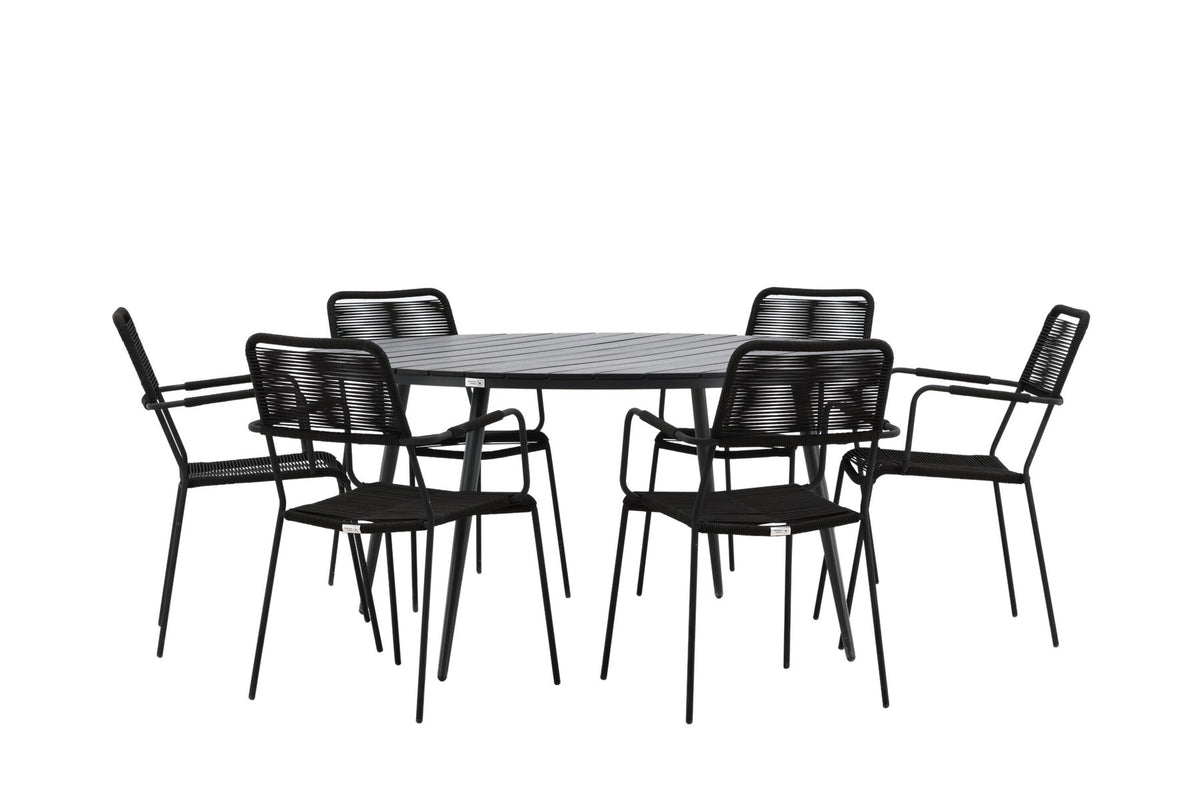Rundes Gartentischset aus Aintwood und Aluminium in Schwarz mit zwei Stühlen mit Seilbespannung und Armlehnen, Serie Break & Lindos.