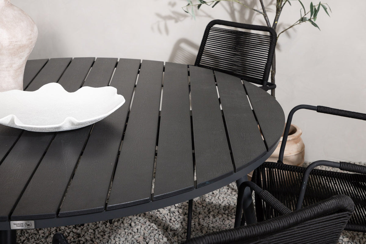 Rundes Gartentischset aus Aintwood und Aluminium in Schwarz mit zwei Stühlen mit Seilbespannung und Armlehnen, Serie Break & Lindos.