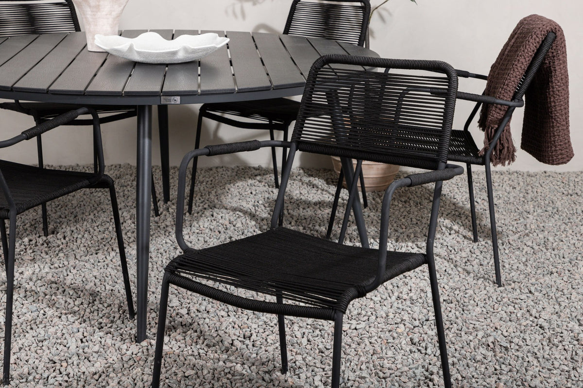 Rundes Gartentischset aus Aintwood und Aluminium in Schwarz mit zwei Stühlen mit Seilbespannung und Armlehnen, Serie Break & Lindos.