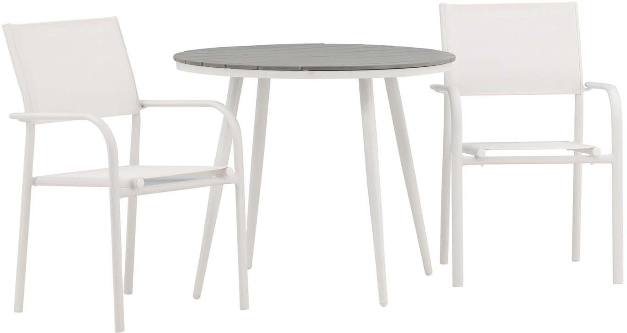 Elegantes Break Outdoor-Tischset mit 90 cm Durchmesser und robusten Santorini-Stühlen. Ideal für gesellige Stunden im Freien, pflegeleicht und wetterbeständig.