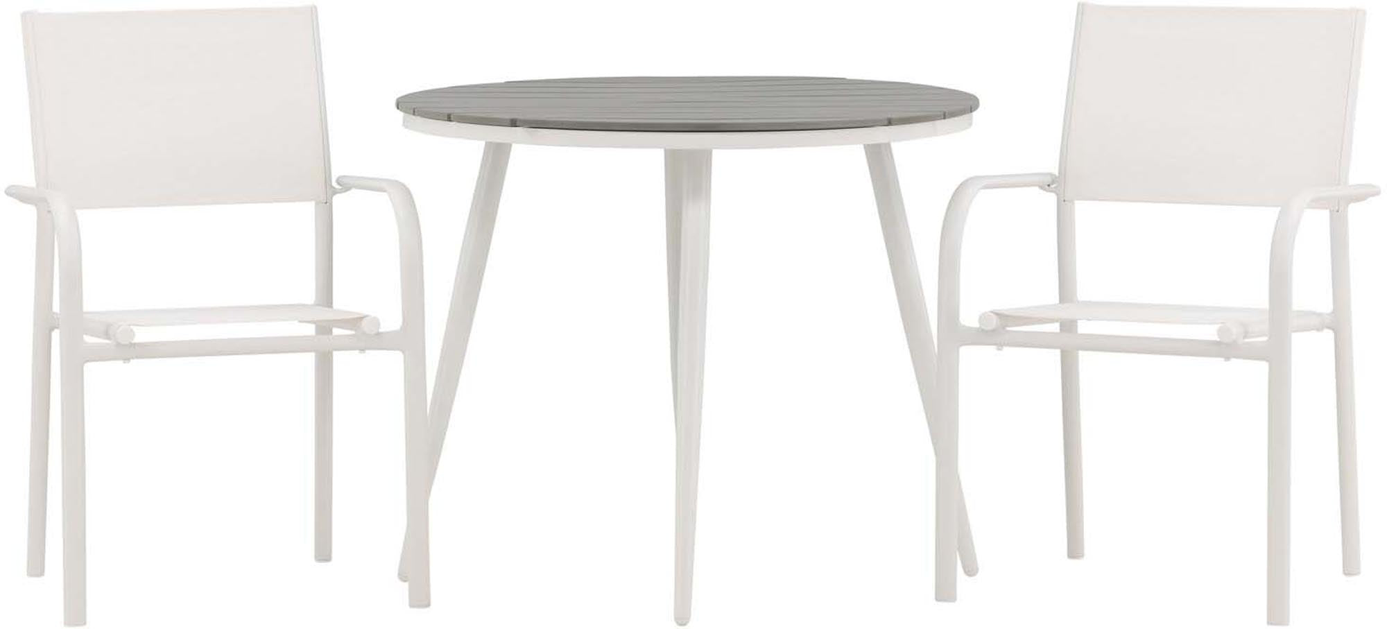 Stylisches Break Outdoor-Tischset mit 90 cm Durchmesser und langlebigen Santorini-Stühlen. Perfekt für gesellige Momente im Freien, pflegeleicht und wetterfest.