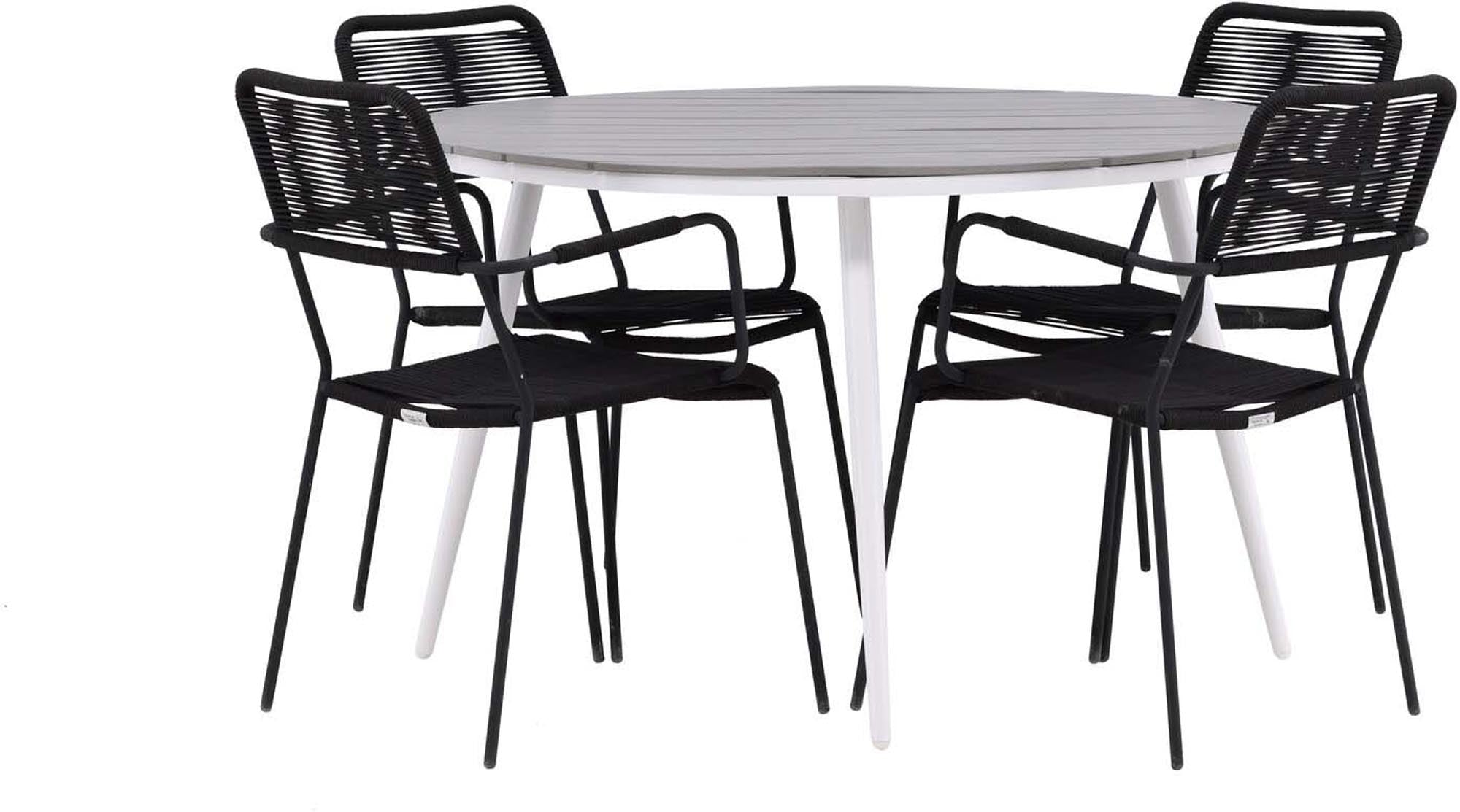 Elegantes Outdoor-Tischset für 4 Personen, wetterbeständig und pflegeleicht. Ideal für entspannte Stunden im Freien.