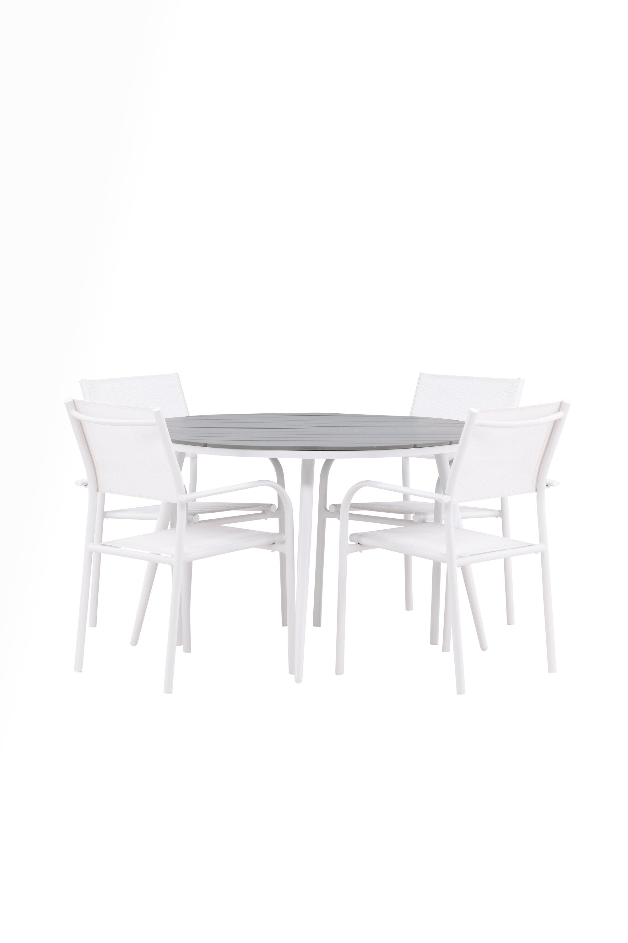 Eleganter runder Break Gartentisch mit 4 stapelbaren Santorini Armstühlen. Ideal für gesellige Sommerabende im Freien!