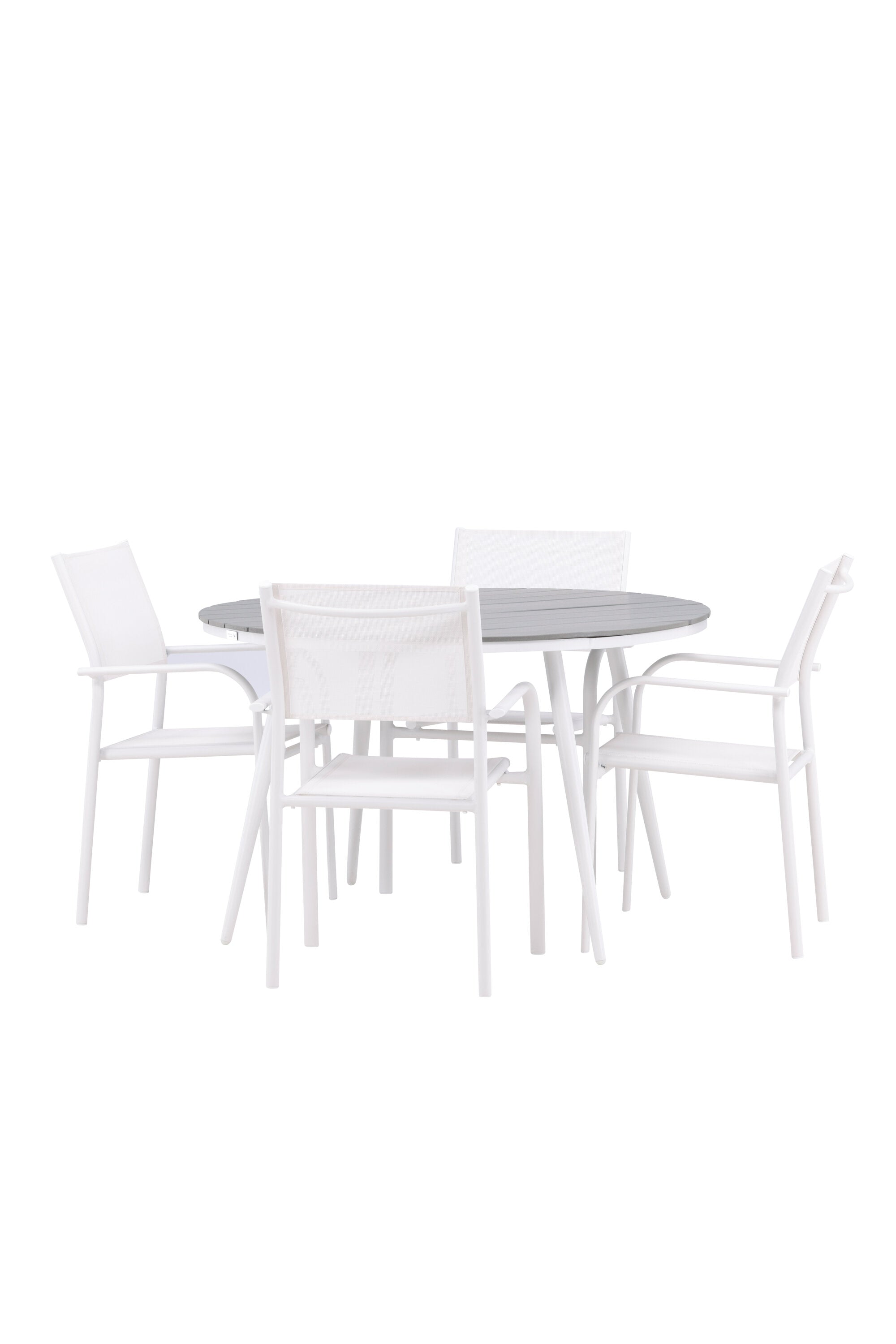Break Gartentisch Round + 4 x Santorini Arm Stuhl (stapelbar) in Grau Weiss präsentiert im Onlineshop von KAQTU Design AG. Gartentischset ist von Venture Home