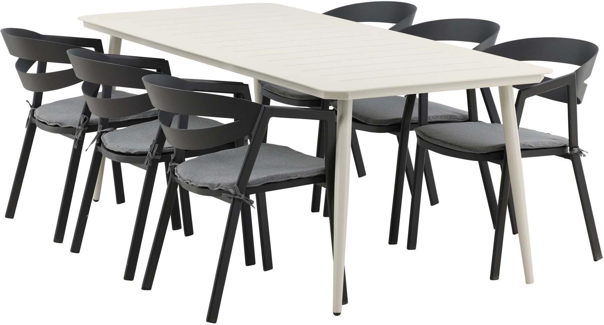 Stylisches Lina Outdoor-Tischset 200cm für 6 Personen, ideal für gesellige Abende im Freien. Hochwertiges Aluminium, wetterfest und langlebig.