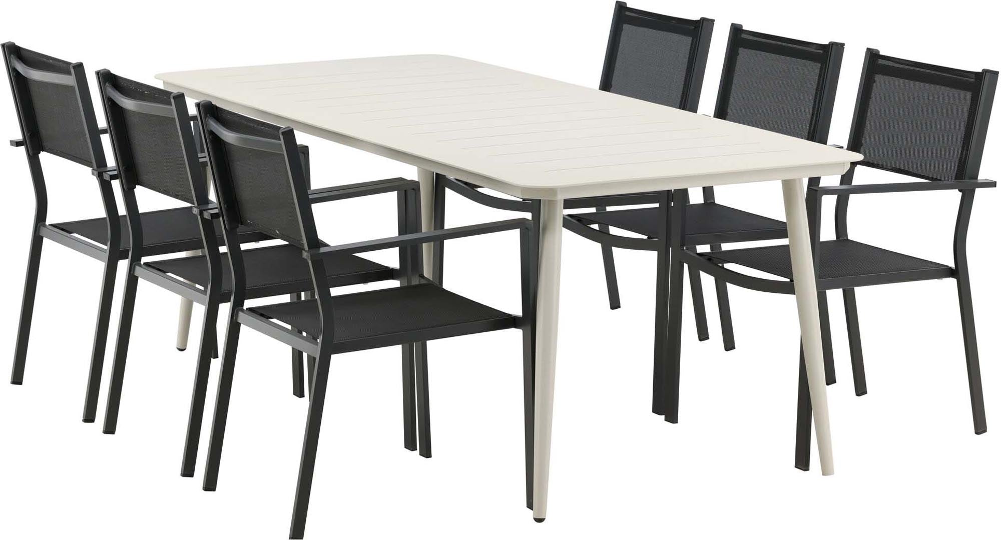 Verwandeln Sie Ihren Außenbereich mit dem Lina Outdoor-Tischset + Copacabana Stühlen. Stilvolles Design, Platz für 6 Personen und pflegeleicht!