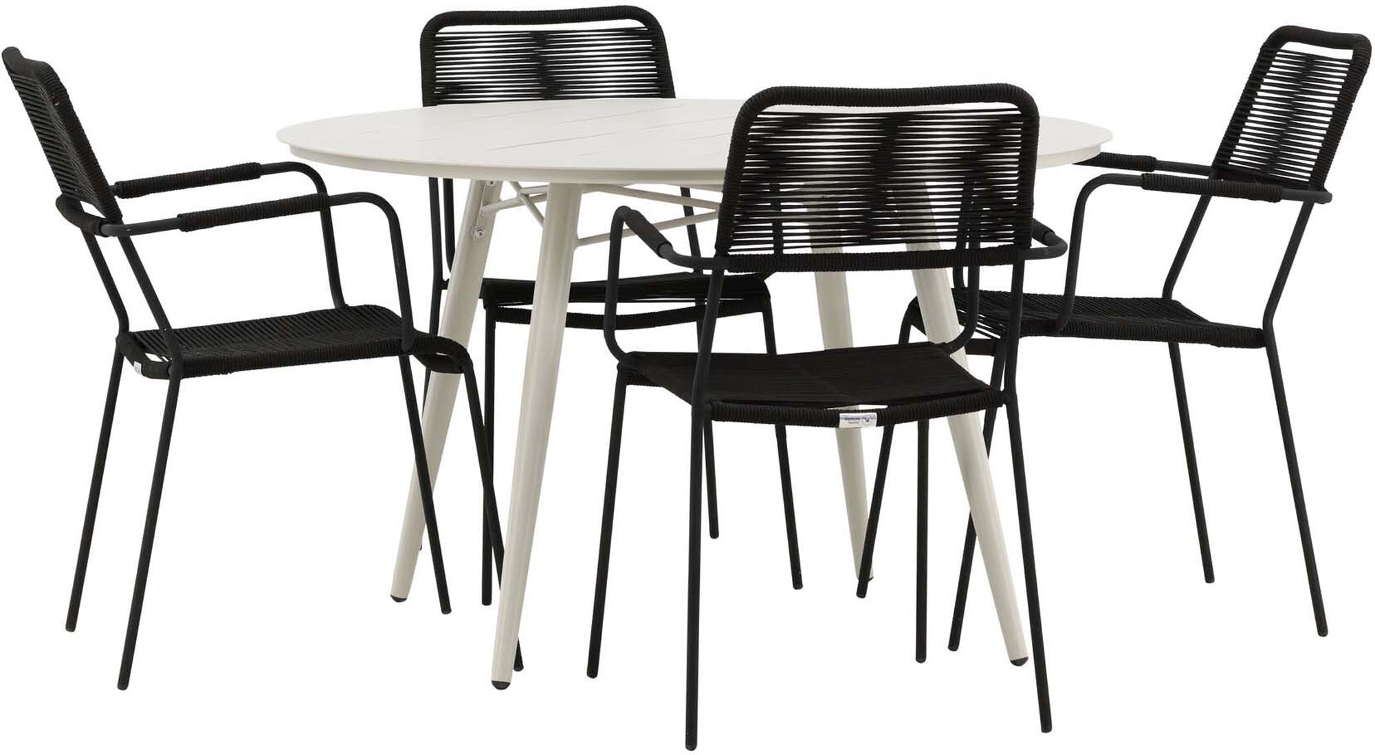 Elegantes Lina Outdoor-Tischset mit 4 Lindos Armchairs. Perfekt für entspannte Stunden im Freien, langlebig und modern gestaltet.