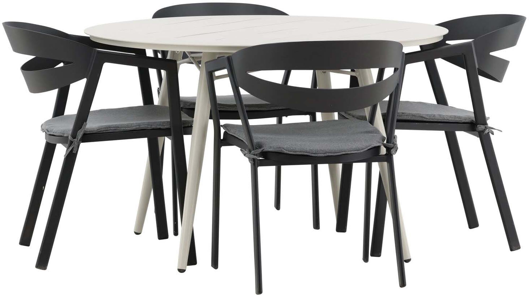 Lina Outdoor-Tischset: Moderner runder Tisch für 4 Personen, wetterfestes Aluminium, ideal für gesellige Abende im Freien.