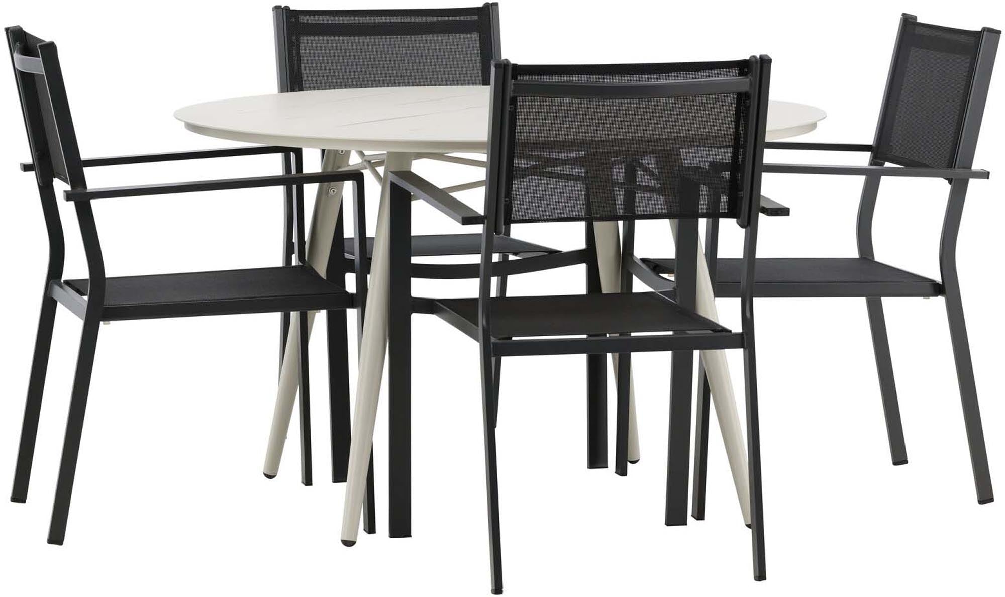 Entdecken Sie das elegante Lina Outdoor-Tischset mit 4 stapelbaren Copacabana Stühlen. Perfekt für gesellige Runden im Freien, robust und pflegeleicht.