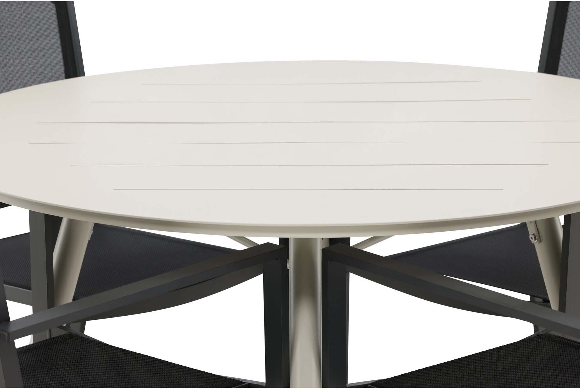 Elegantes Lina Outdoor-Tischset mit 4 stapelbaren Copacabana-Stühlen. Ideal für gesellige Abende im Freien, wetterfest und langlebig.