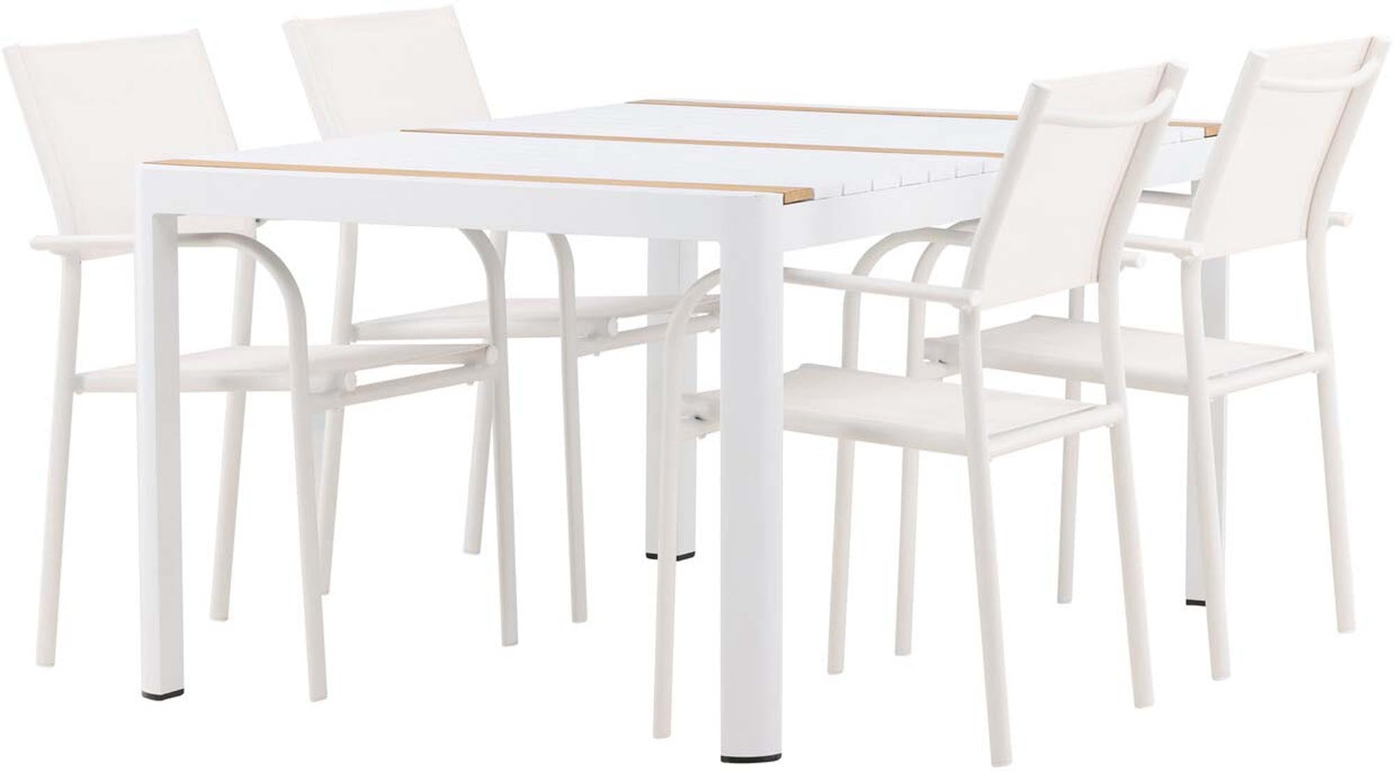 Gestalten Sie Ihren Außenbereich mit dem Togo Outdoor-Tischset von Venture Home: Moderner 150cm Tisch und 4 stilvolle Santorini Stühle für Komfort und Eleganz.