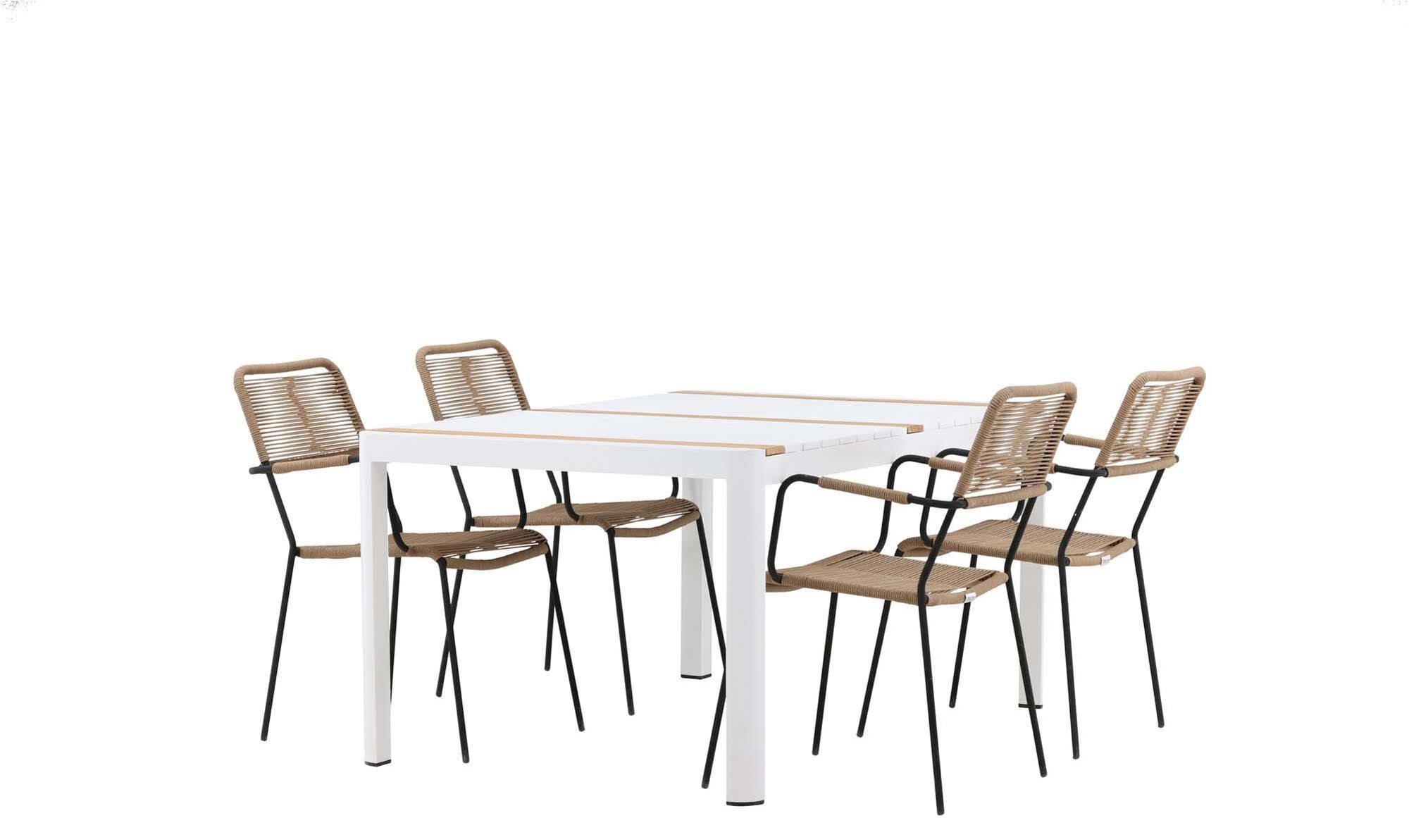 Elegantes Togo Outdoor-Tischset mit 150 cm Tisch und 4 bequemen Lindos Armchairs. Ideal für gesellige Stunden im Freien!