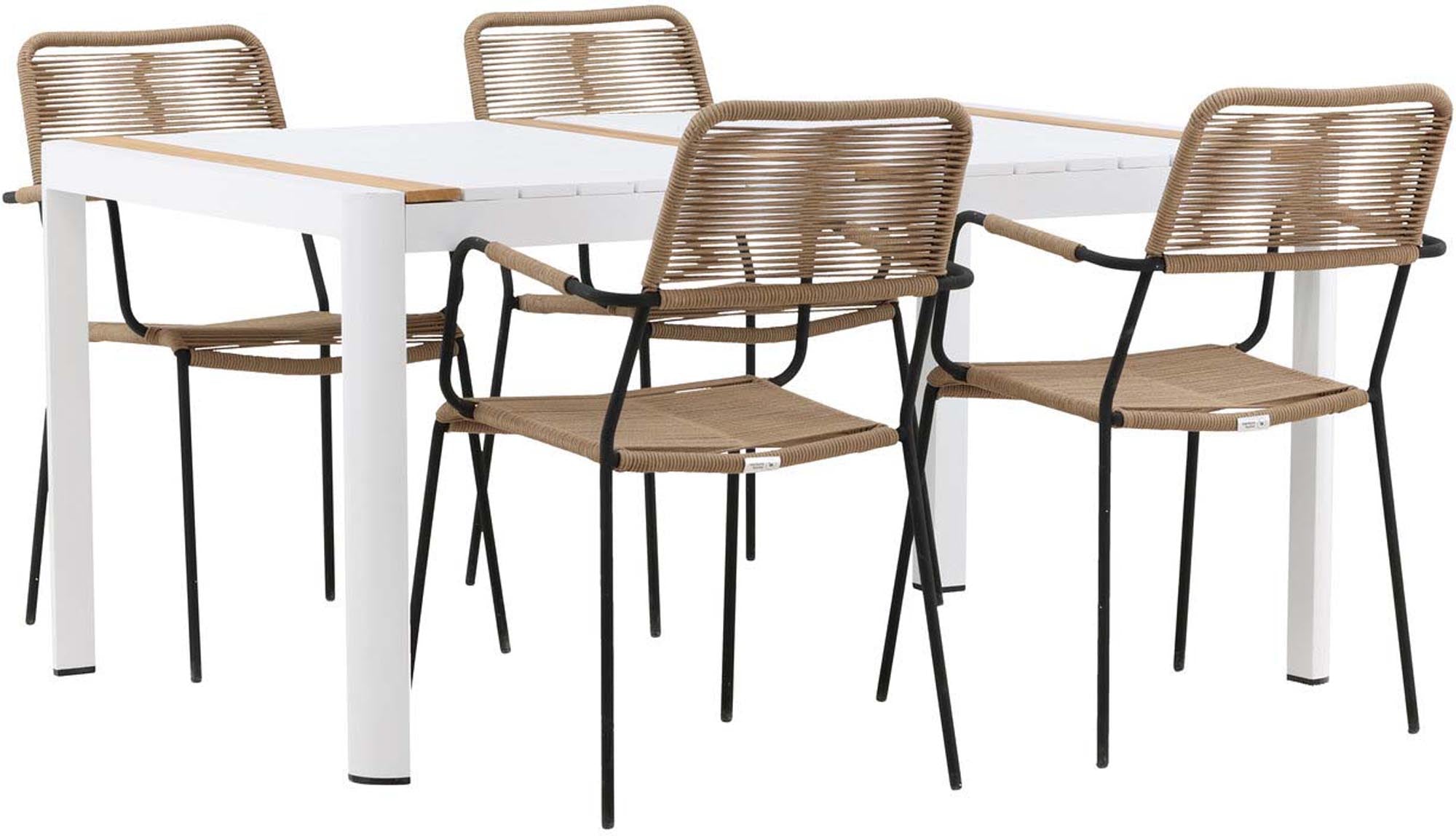 Stilvolles Togo Outdoor-Tischset mit 150 cm Tisch und 4 komfortablen Lindos Armchairs. Perfekt für entspannte Momente im Freien!