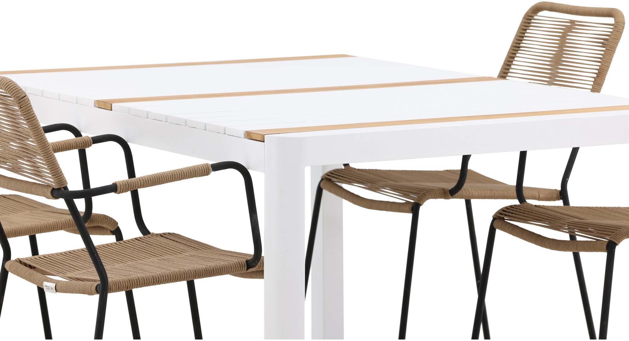 Stilvolles Togo Outdoor-Tischset mit 150 cm Tisch und 4 komfortablen Lindos Armchairs. Perfekt für entspannte Momente im Freien!