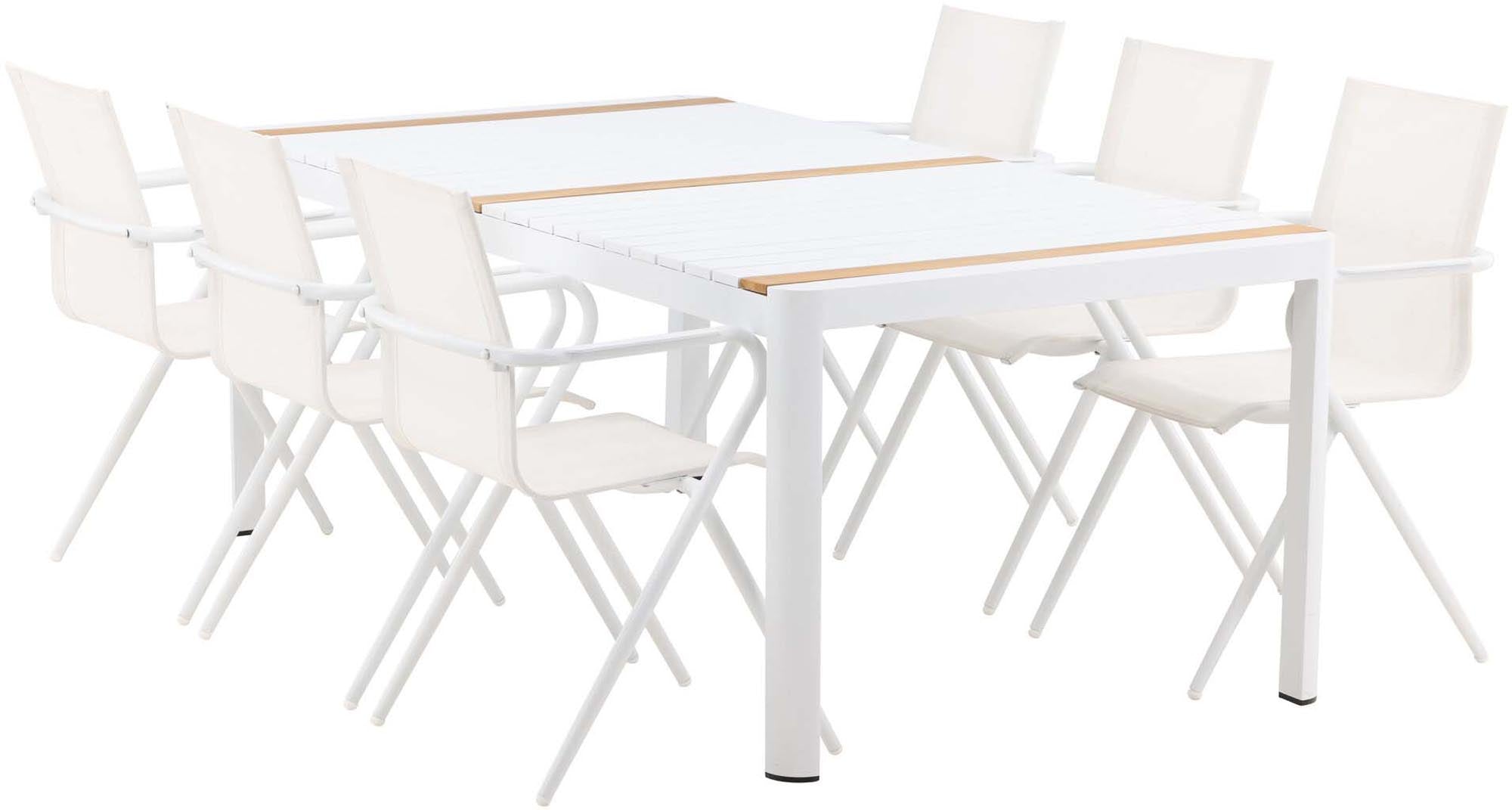 Elegantes Togo Outdoor-Tischset mit Alina Stühlen, 200cm Teakholz-Tisch, wetterfest, für stilvolle Gartenmomente.