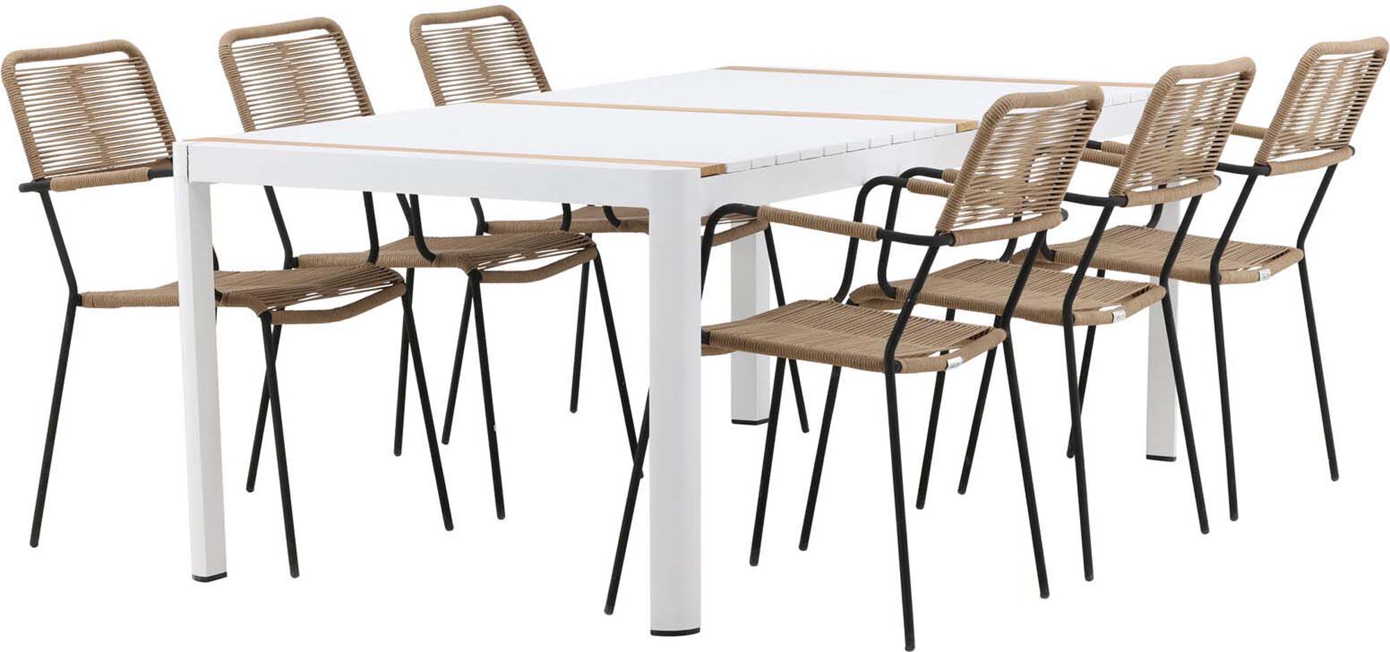 Gestalten Sie Ihren Außenbereich mit dem Togo Outdoor-Tischset und den eleganten Lindos Armchairs von Venture Home – ideal für gesellige Anlässe.