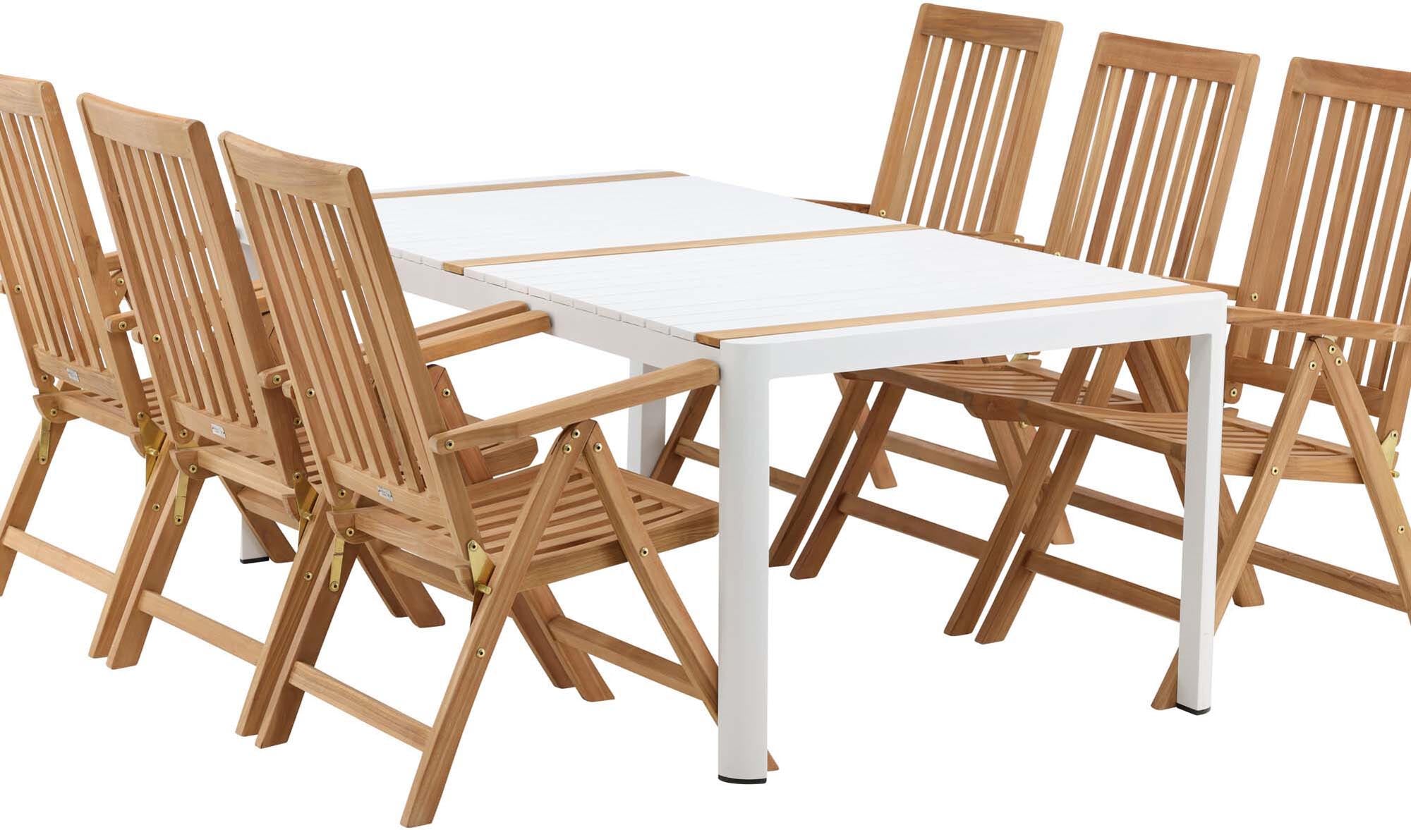 Entdecken Sie das Togo Outdoor-Tischset mit 200 cm Tisch und 6 klappbaren Kenya-Stühlen von Venture Home – ideal für stilvolle Gartenabende!