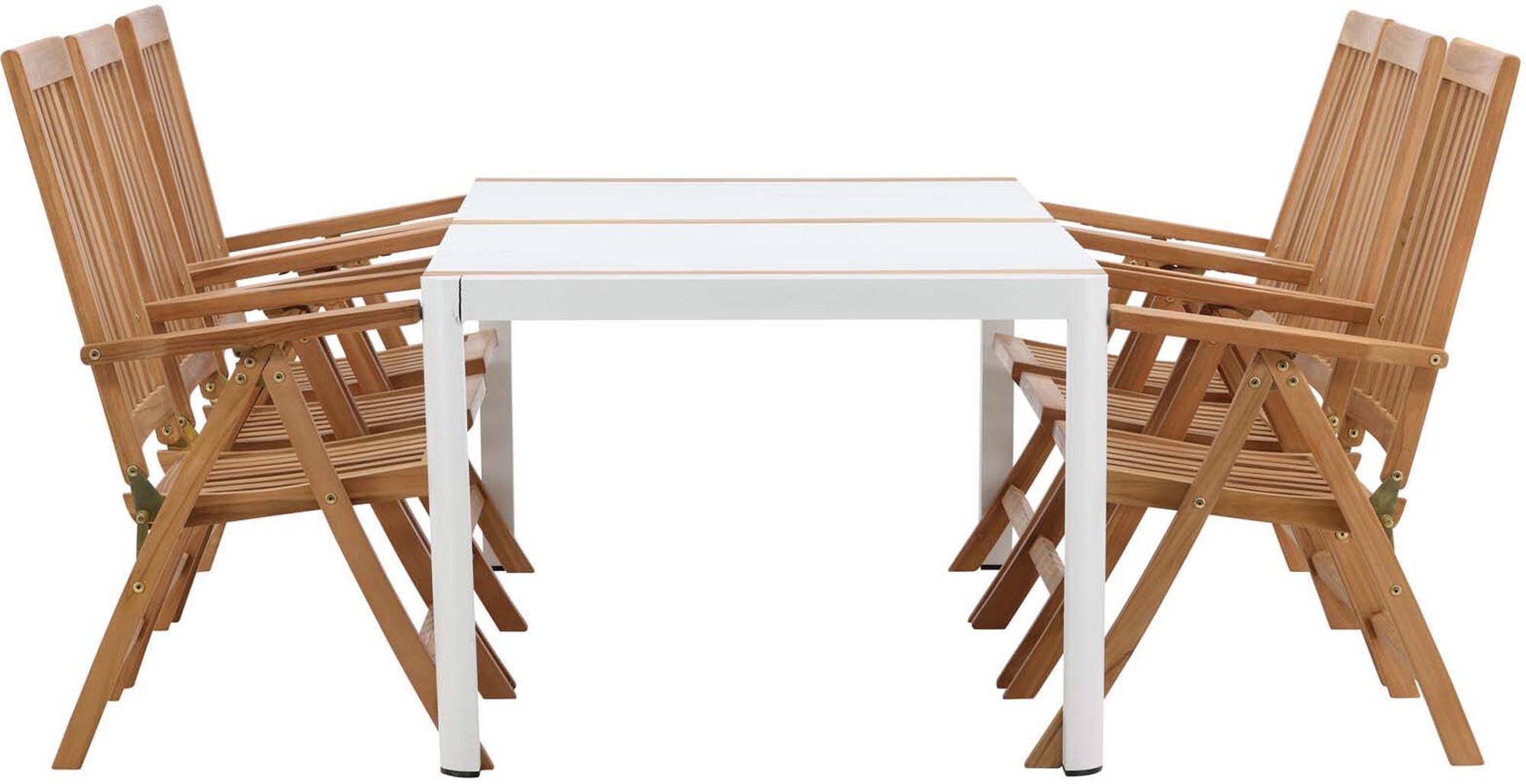 Elegantes Togo Outdoor-Tischset mit 200cm Teakholz-Tisch und 6 klappbaren Kenya-Stühlen für stilvolle Gartenmomente.