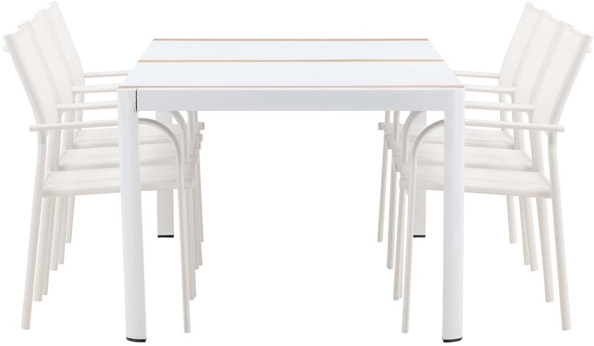 Elegantes Togo Outdoor-Tischset von Venture Home: 200cm Teakholz-Tisch, 6 skandinavische Stühle, wetterfest, ideal für Garten.