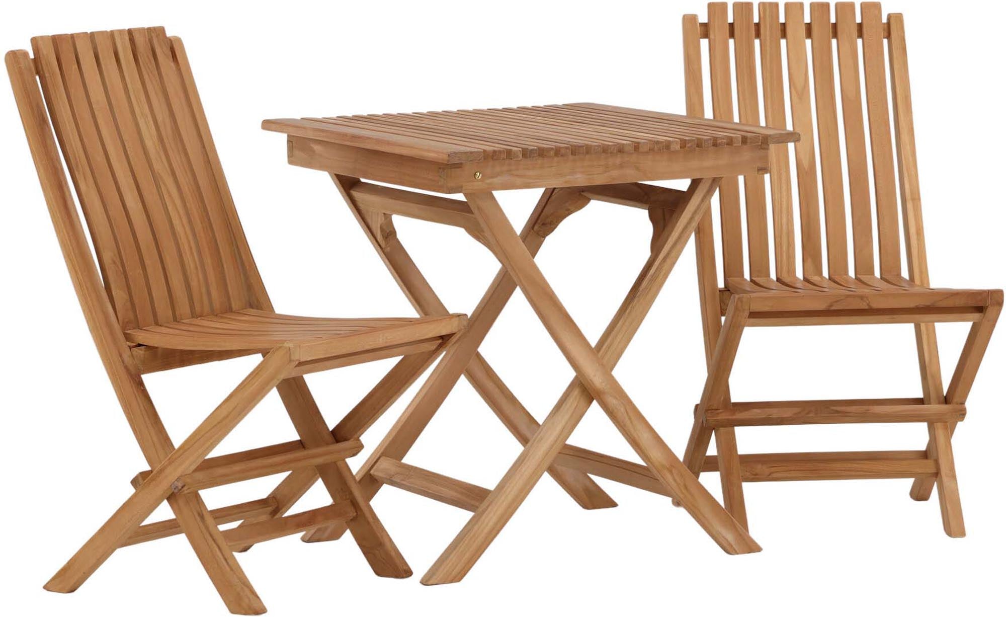 Entdecken Sie das Ghana Outdoor-Tischset von Venture Home aus hochwertigem Teakholz. Ideal für Balkon und Terrasse, klappbar, langlebig und stilvoll.