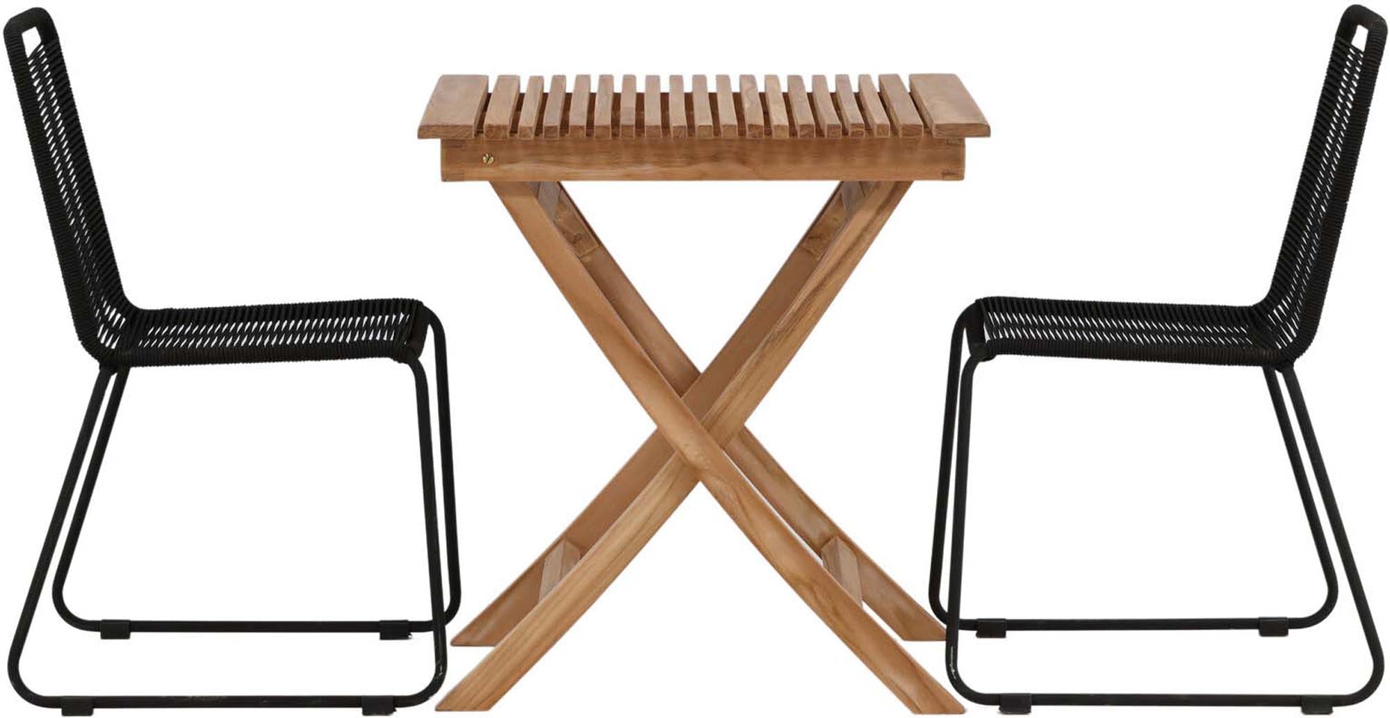 Stilvolles Ghana Outdoor-Tischset mit 2 praktischen Lindos Stühlen aus robustem Teakholz und elegantem Aluminium – ideal für entspannte Stunden im Freien.