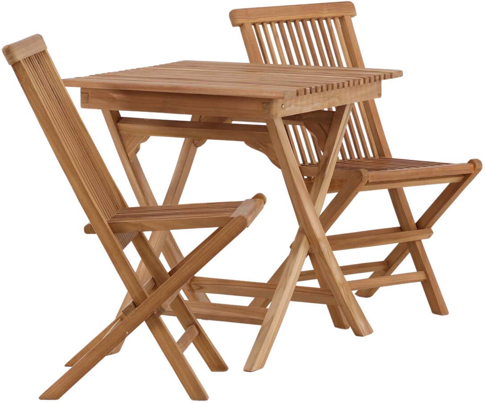 Stilvolles Ghana Tischset mit klappbarem Teakholztisch und komfortablen Kenya Stühlen für unvergessliche Gartenmomente.