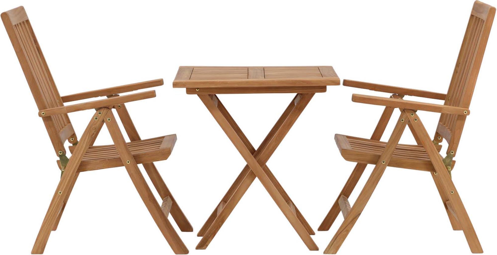 Entdecken Sie das elegante Kenya Outdoor-Tischset von Venture Home – ideal für gemütliche Stunden im Freien mit hochwertigem Teakholz und praktischen Copacabana-Stühlen.