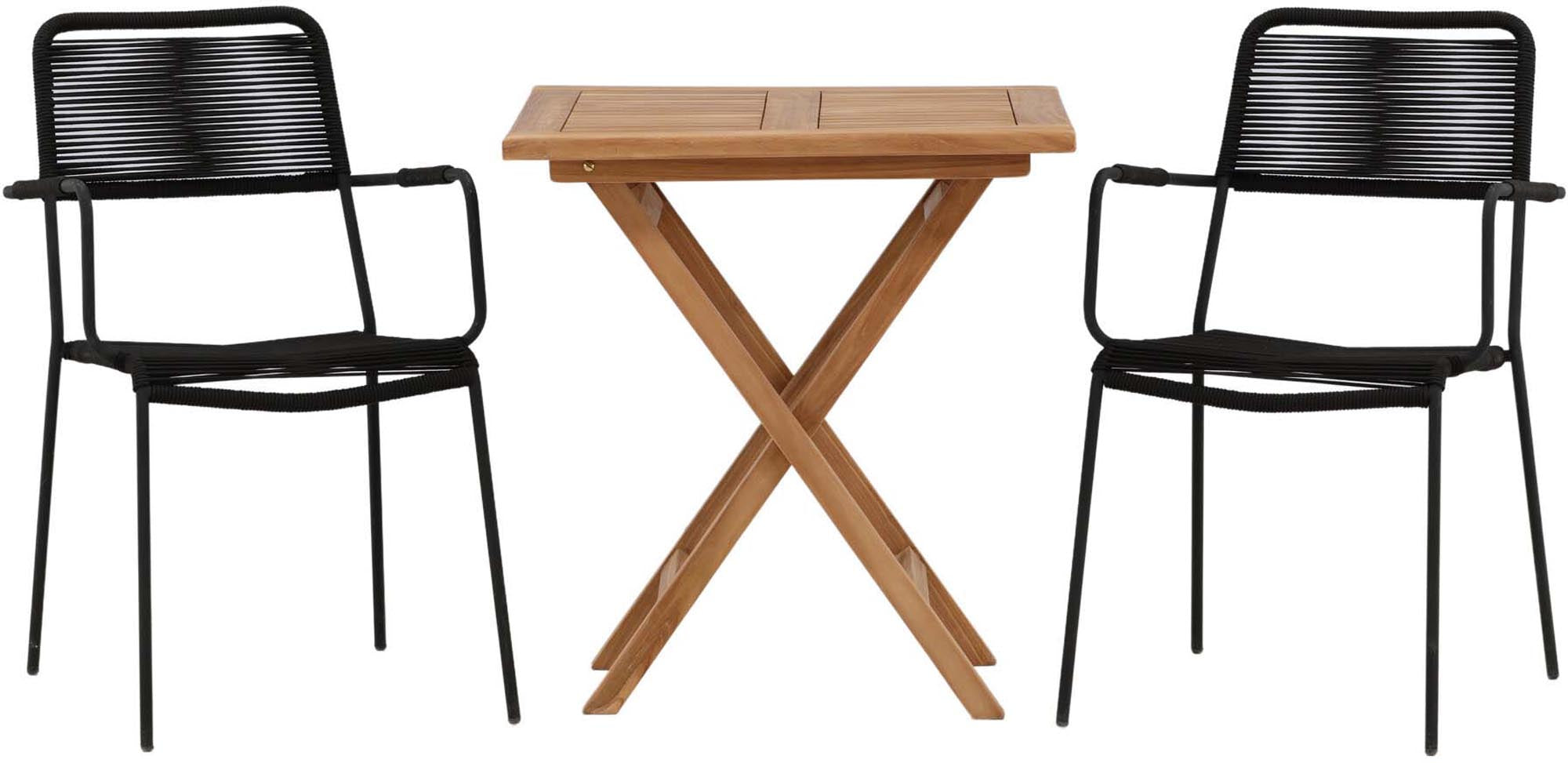 Stylisches Kenya Outdoor-Tischset mit 2 bequemen Lindos Armchairs. Perfekt für entspannte Stunden im Freien, wetterfest und elegant.