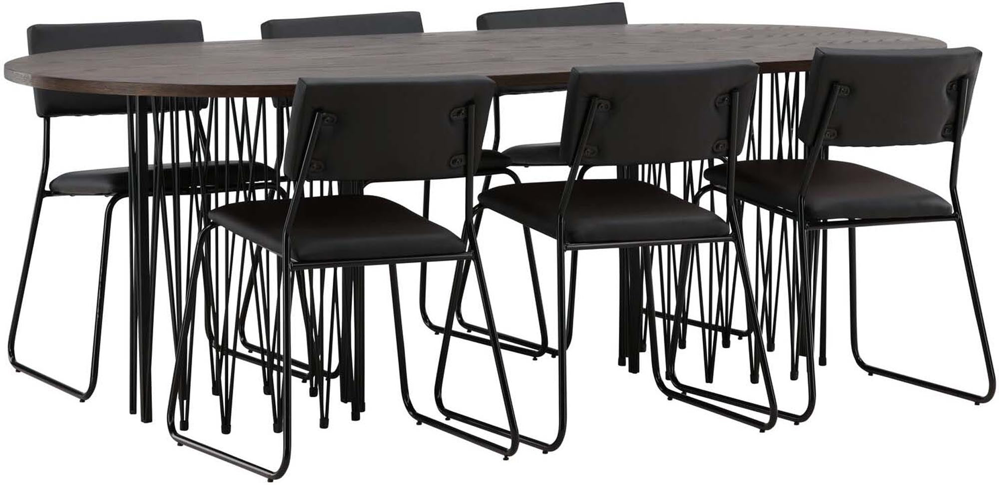 Entdecken Sie das stilvolle Stone Esszimmerset von Venture Home: ovaler Tisch für 6 Personen, moderne Kenth Stühle, ideal für gesellige Abende.