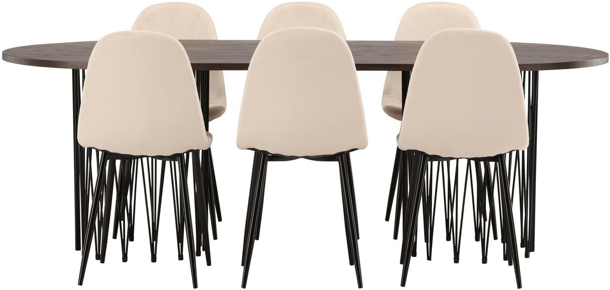 Modernes Stone Esszimmerset 220cm mit 6 stilvollen Stühlen von Venture Home. Ideal für gesellige Abende und skandinavisches Flair.