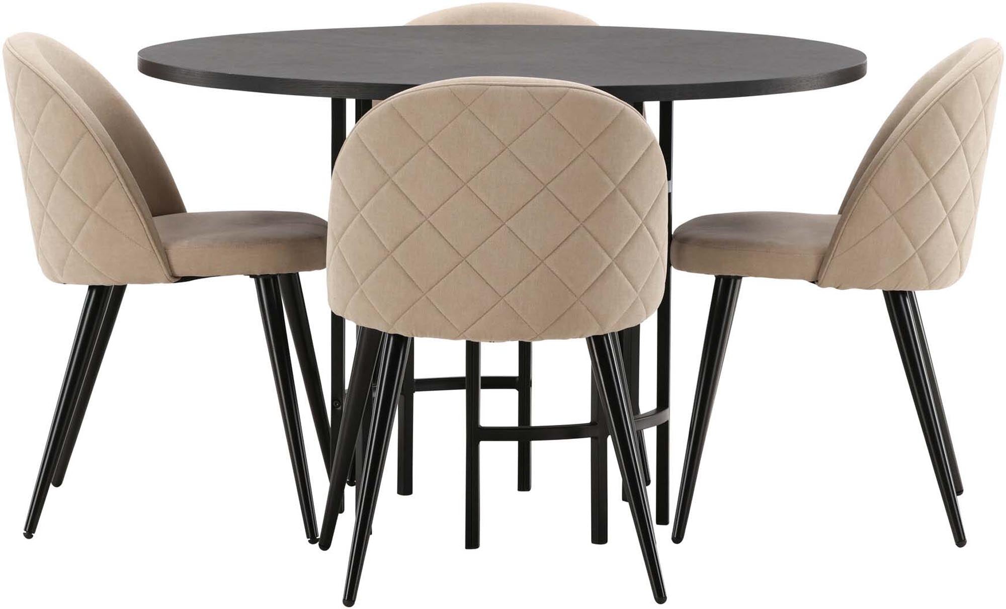 Stilvolles Esszimmerset mit rundem Tisch (⌀115cm) und 4 bequemen Velvet-Stühlen. Perfekt für gesellige Abende und modernes Ambiente.