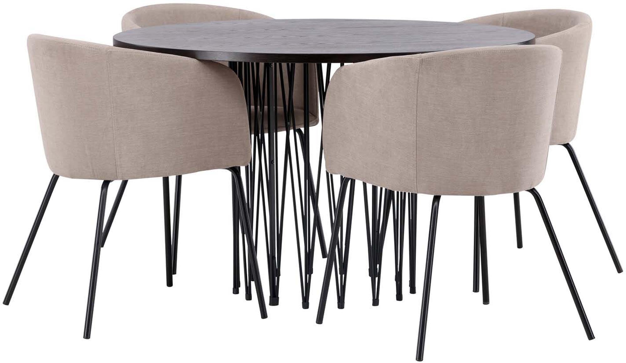 Modernes Stone Esszimmerset mit runden Tisch (⌀120cm) und 4 bequemen Berit Stühlen. Ideal für stilvolle Essbereiche.