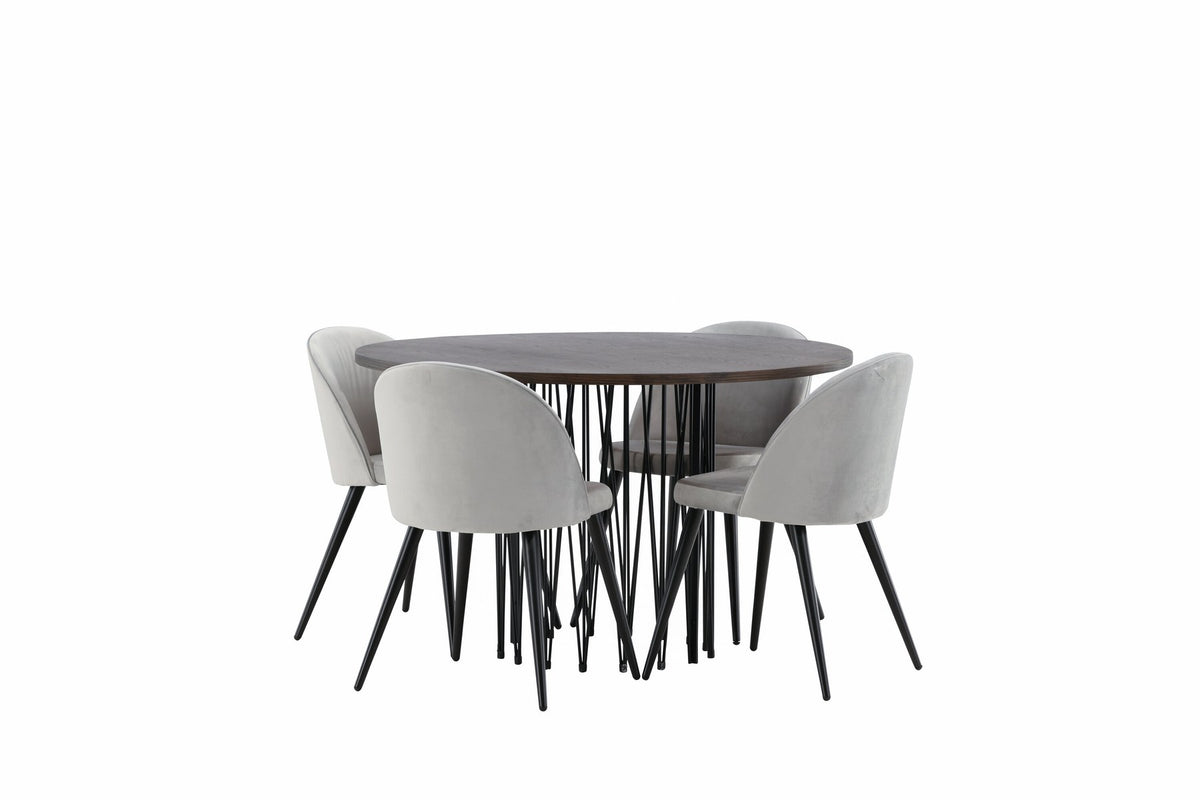 Rundes Esszimmerset mit Steinlook-Tisch aus MDF und Mocca-Furnier, schwarzem Metallgestell und vier Limhamn-Stühlen mit beigem Samtbezug.