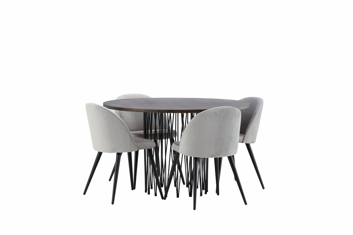 Rundes Esszimmerset mit Steinlook-Tisch aus MDF und Mocca-Furnier, schwarzem Metallgestell und vier Limhamn-Stühlen mit beigem Samtbezug.