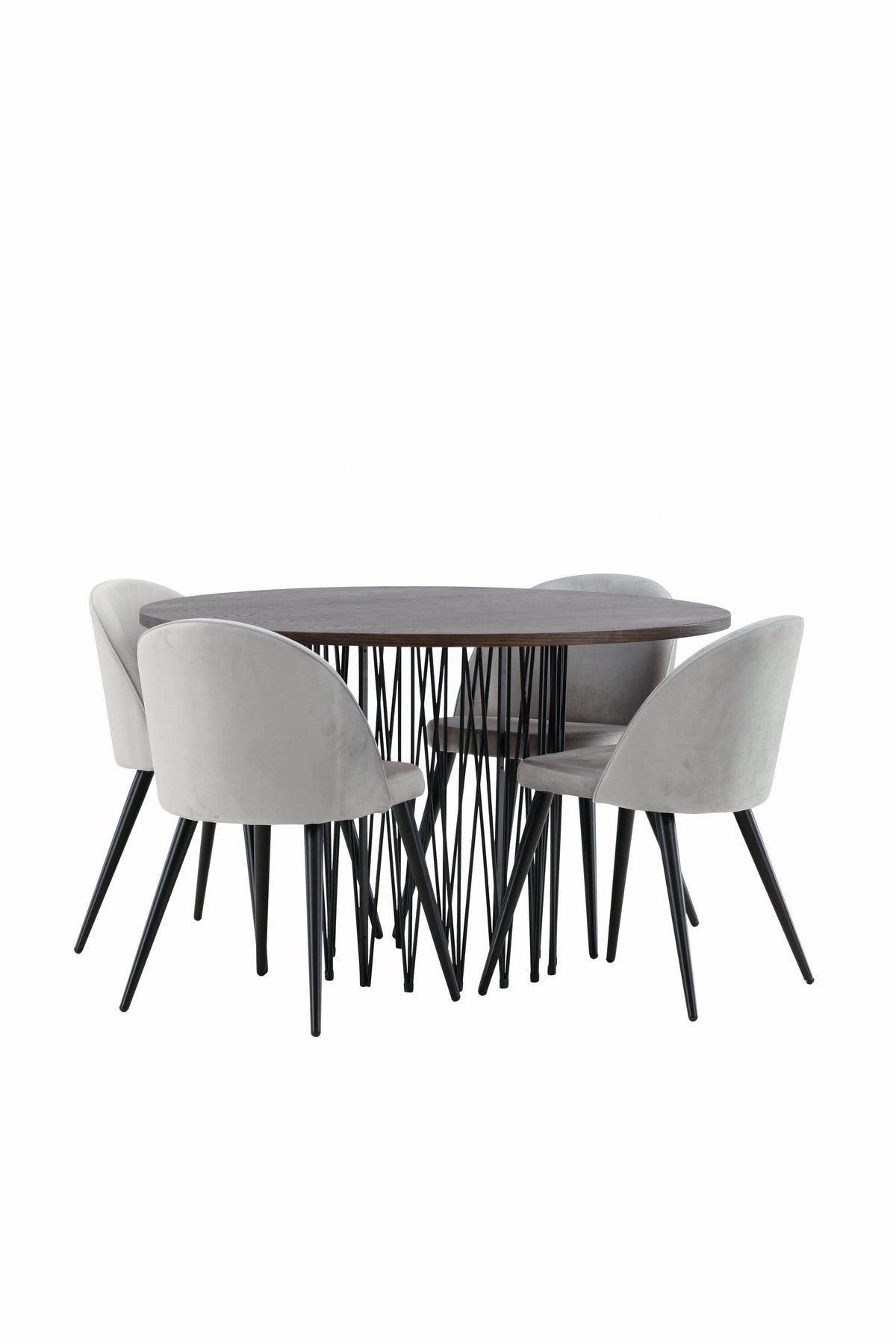Rundes Esszimmerset mit Steinlook-Tisch aus MDF und Mocca-Furnier, schwarzem Metallgestell und vier Limhamn-Stühlen mit beigem Samtbezug.