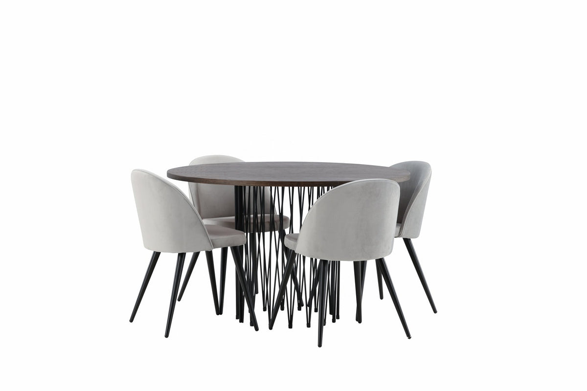 Rundes Esszimmerset mit Steinlook-Tisch aus MDF und Mocca-Furnier, schwarzem Metallgestell und vier Limhamn-Stühlen mit beigem Samtbezug.