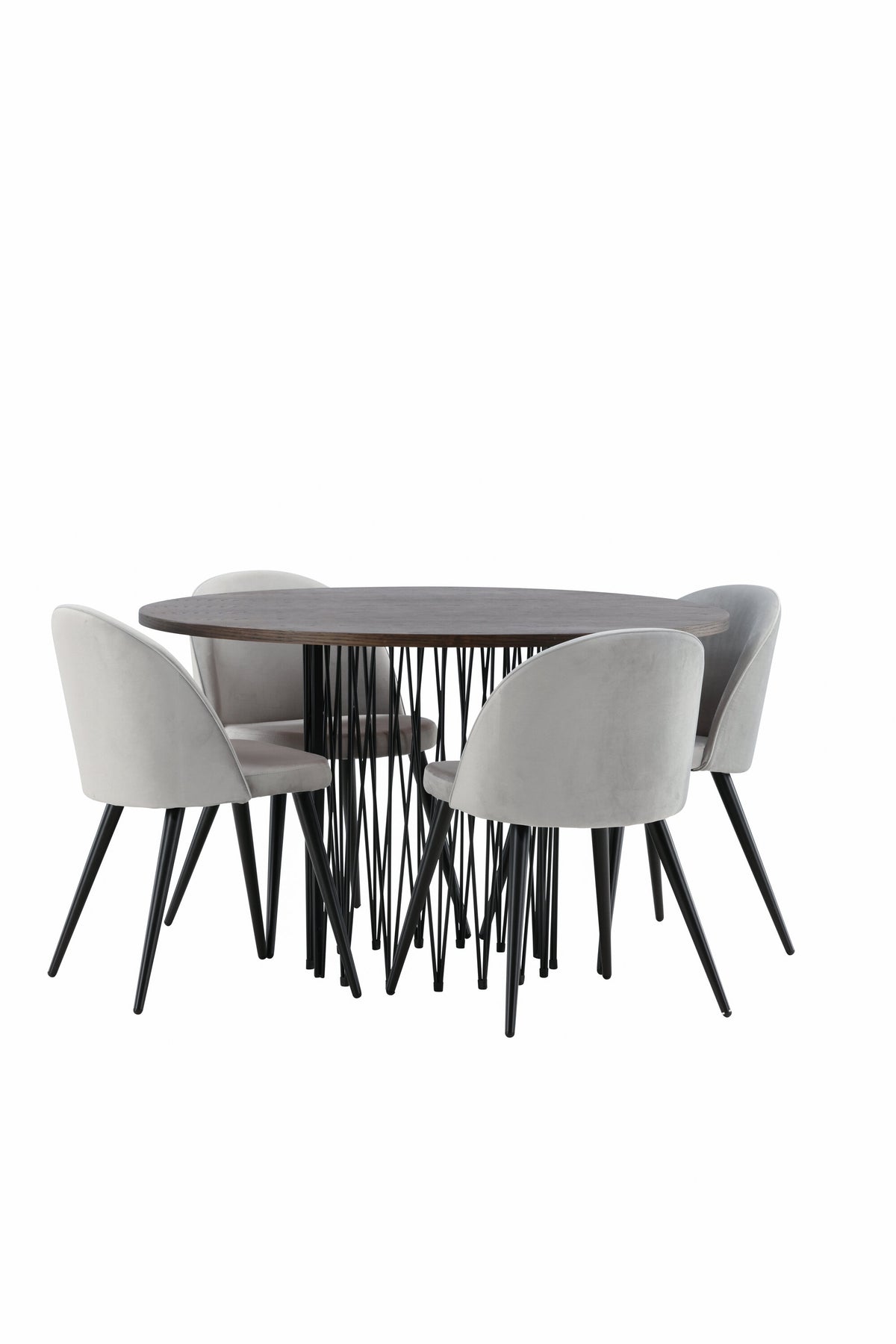 Rundes Esszimmerset mit Steinlook-Tisch aus MDF und Mocca-Furnier, schwarzem Metallgestell und vier Limhamn-Stühlen mit beigem Samtbezug.