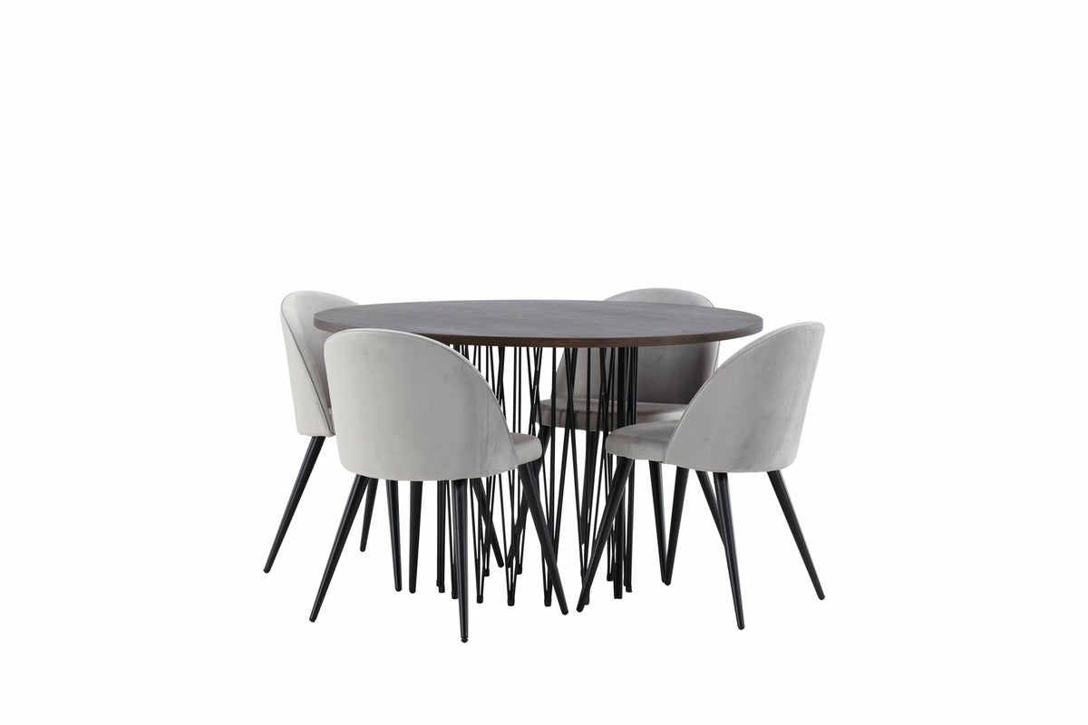 Rundes Esszimmerset mit Steinlook-Tisch aus MDF und Mocca-Furnier, schwarzem Metallgestell und vier Limhamn-Stühlen mit beigem Samtbezug.