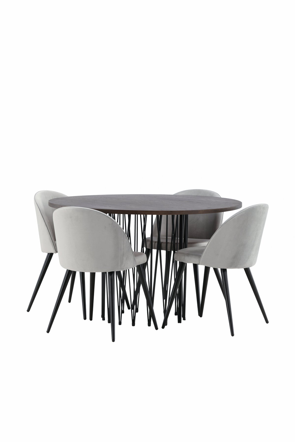 Rundes Esszimmerset mit Steinlook-Tisch aus MDF und Mocca-Furnier, schwarzem Metallgestell und vier Limhamn-Stühlen mit beigem Samtbezug.