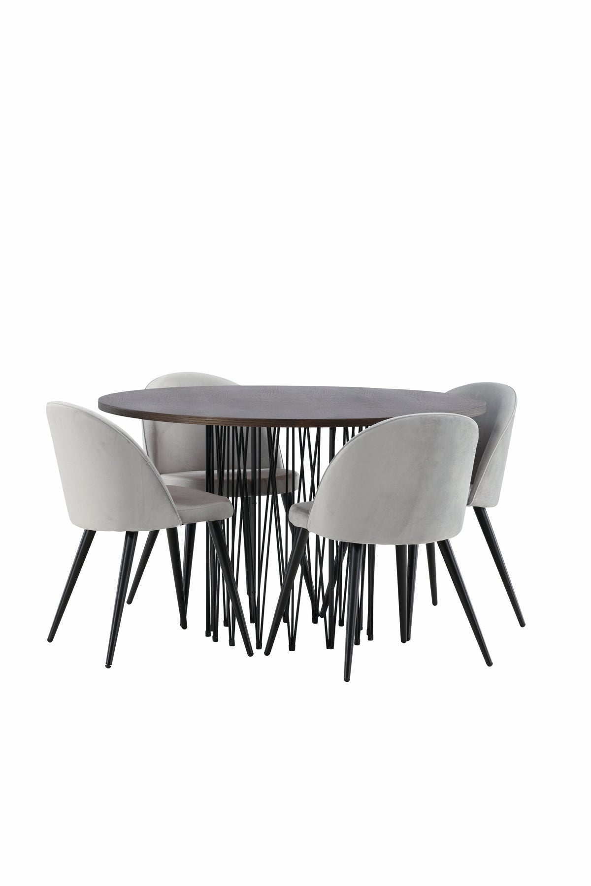 Rundes Esszimmerset mit Steinlook-Tisch aus MDF und Mocca-Furnier, schwarzem Metallgestell und vier Limhamn-Stühlen mit beigem Samtbezug.