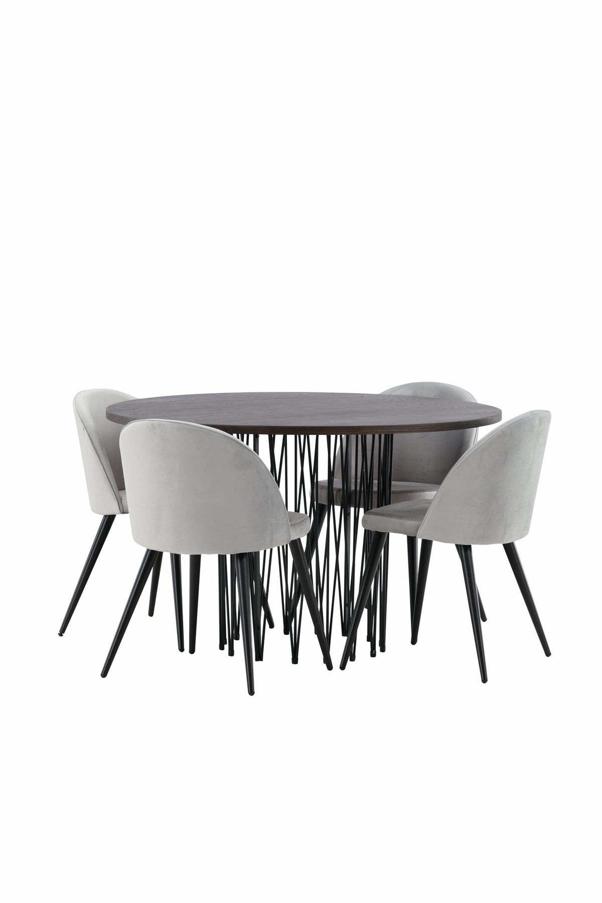 Rundes Esszimmerset mit Steinlook-Tisch aus MDF und Mocca-Furnier, schwarzem Metallgestell und vier Limhamn-Stühlen mit beigem Samtbezug.